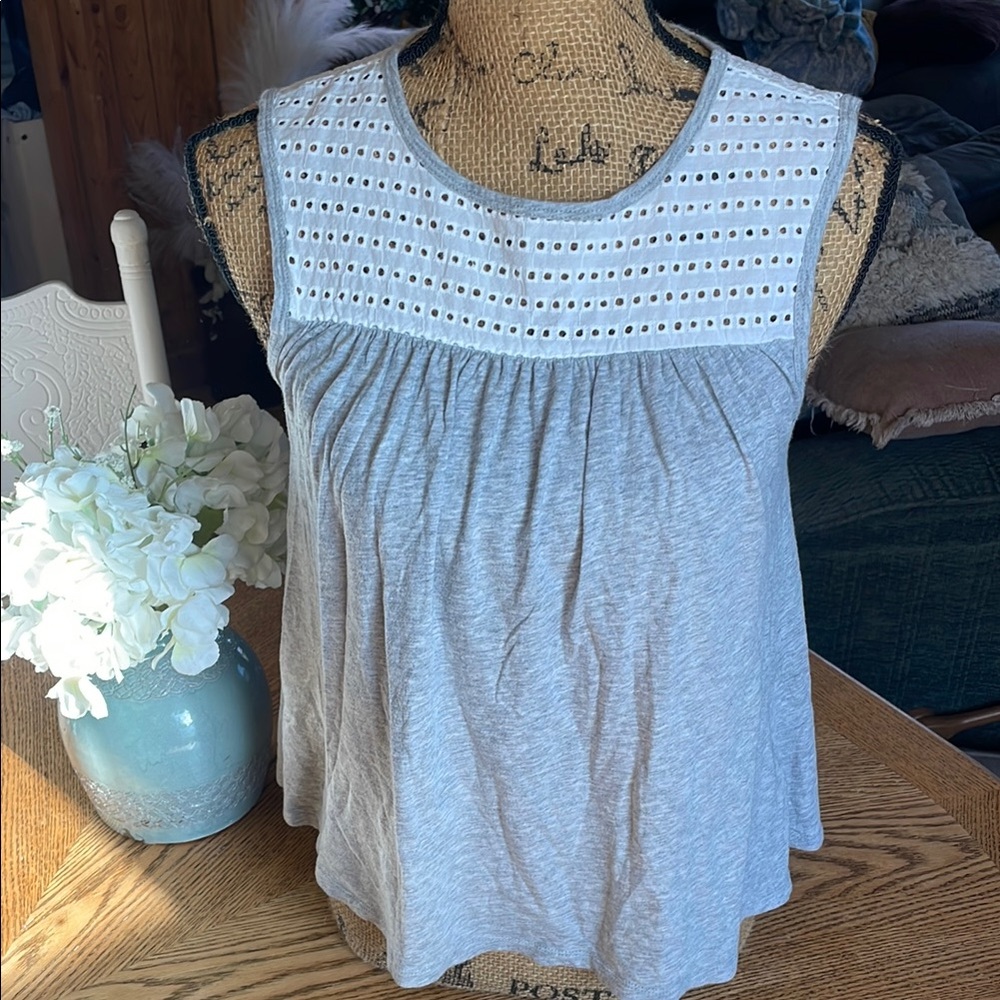 Gap Gray Sleeveless Top with White Eyelet Detail